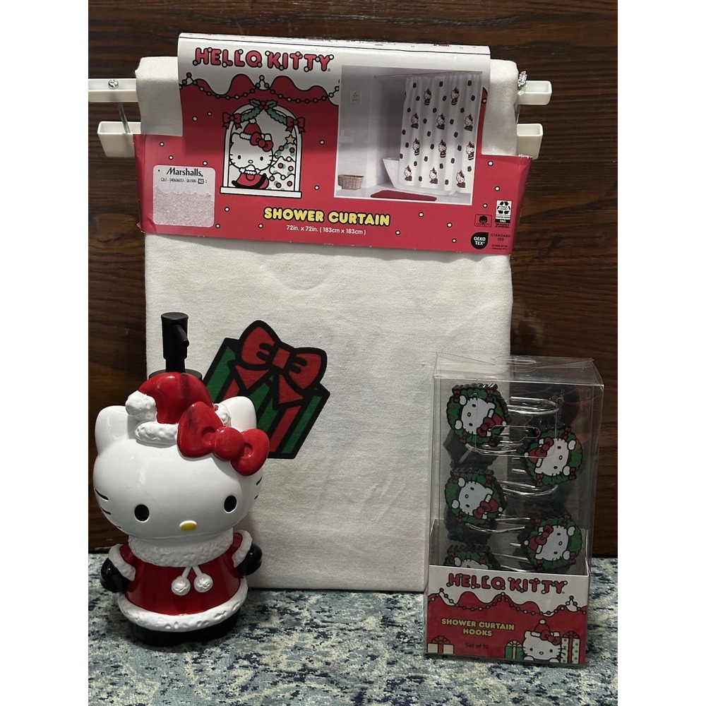 Hello Kitty Christmas Shower Curtain Set Soap Dispenser & Wreath Hooks NWT Bath